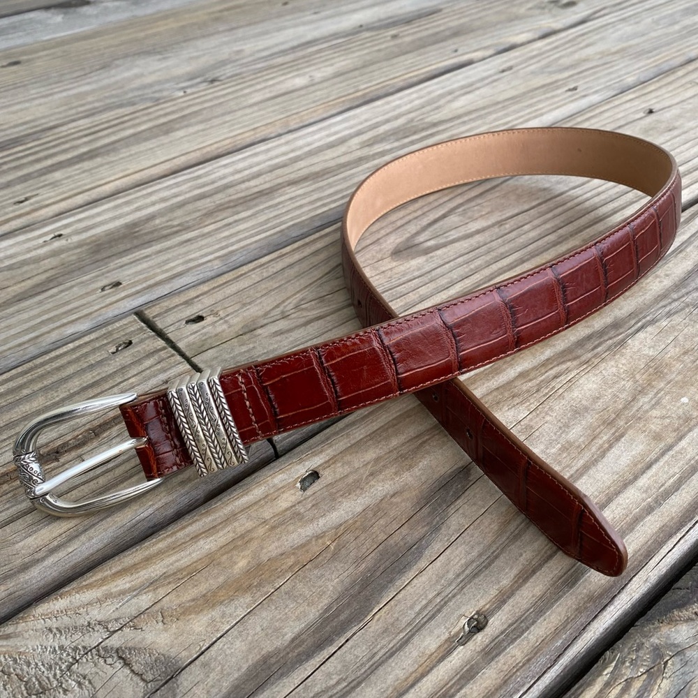 Brighton Embossed Leather Belt Silver Detailed Buckle